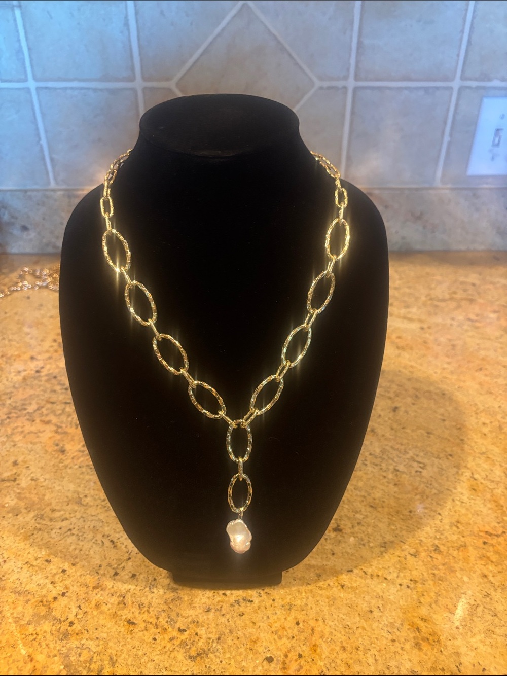 Gold Chain Link Necklace with Pearl Drop